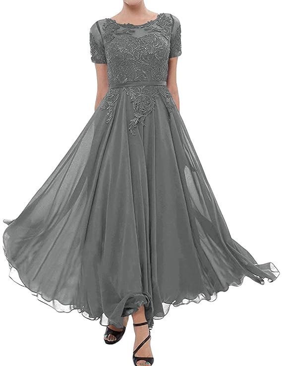 Tea Length Mother of The Bride Dresses Lace Evening Formal Dress Short Sleeve Wedding Guest Groom Dress Applique Women's, Steel Grey, 24 Plus