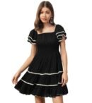 DEEBACO Solid Rayon Smocking Tiered Dress for Women's|Short Layered Bell Sleeves Square Neck Above Knee Length Dress|Summer Wear Girls Dress Western Party Casual Wear Outfits for Ladies