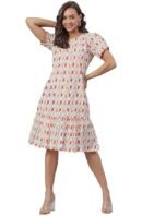 Janasya Women's Cotton Printed A-Line Western Knee-Length Dress