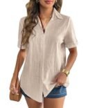 Zeagoo Women Linen Button Down Shirt Rolled Cuffed Short Sleeve Blouse Ladies Summer Casual V Neck Beach Cotton Tops