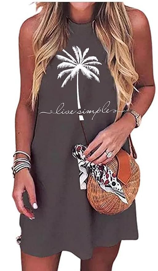 Sun Salt Sand Coconut Tree Sleeveless Mini Dress Casual Sleeveless Summer Beach Vacation Women Workout Mini Dress, Dark Grey-02, X-Large