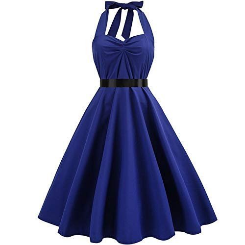 3nh Women's Rockabilly Polka-Dot Print Halter Strap Knee Length A-Line Dress