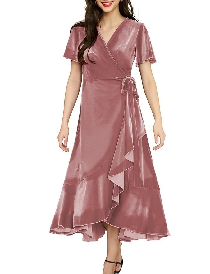 Olaesa Women's Velvet Maxi Dress Boho V Neck Wrap Dress for Wedding Guest Fall Maternity Formal Dress with Pockets