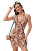 Floerns Women's Sleeveless Halter Backless Tie Back Floral Bodycon Mini Dress