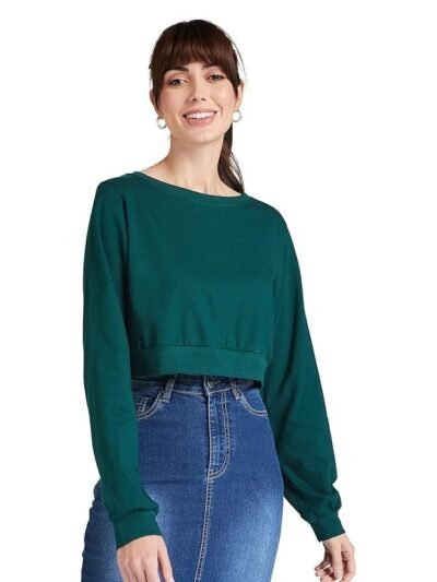 Miss Chase Women's Super Soft Round Neck Full Sleeves Solid Boxy Crop Top