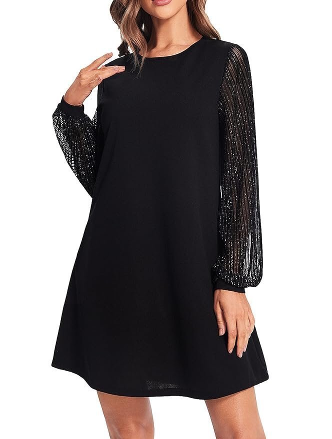 SweatyRocks Women's Elegant Mesh Contrast Long Sleeve A Line Mini Short Dress, Silver Line Black, Medium