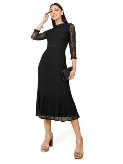 Styli Lace Sheath Midi Dress – Lace Insert Self Design, and Woven Design. Stylish and Comfortable Everyday, Chic,Party Look Dress for Women