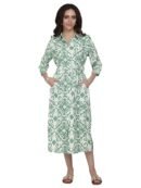 Eayaa Fashion Cotton Kota Long Dress for Women | Ikat Print | A-Line Style | Button-Up Collared Dress with Pockets | Adjustable Tie Waist | Quarter Sleeves | Casual & Stylish Midi One-Piece