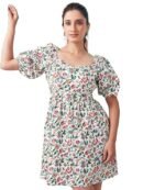 Selvia Western Dress for Women| Floral Printed Short Sleeve Crepe Western Dress for Women | Sweetheart Neck A-Line Dress for Women | One Piece Dress for Women
